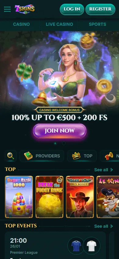 7Signs Casino home experience on a mobile browser