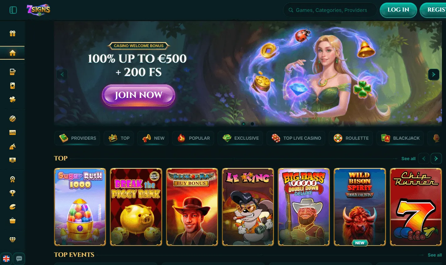 7Signs Casino home experience on a desktop browser
